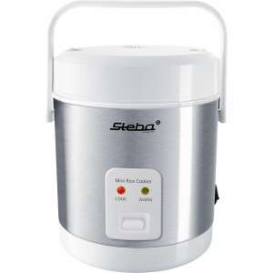 Steba RK 4 M Mini Rice Cooker, front view, stainless steel and white, with cook and warm buttons - Steba