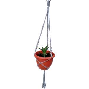 Gray macrame plant hanger with three spirals, perfect for hanging plants in a stylish way - Flower pot