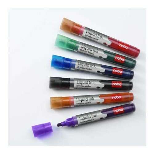 NOBO folyékonytintás táblamarker készlet, 6 db, fekete, kék, piros, zöld, lila, narancs
