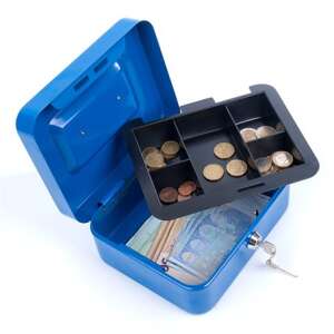 Blue metal cash box with coin tray, Donau brand - Safety