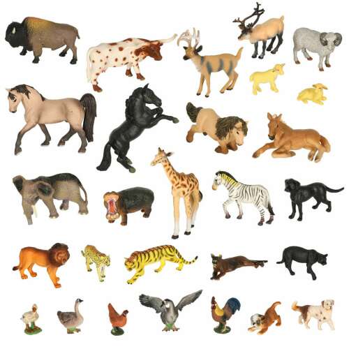 28 piece plastic zoo animal figures playset, includes lion, tiger, zebra, giraffe, elephant, hippo, and more