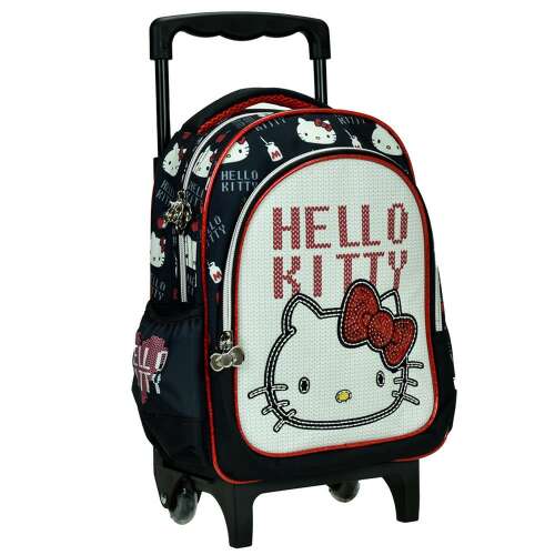 Hello Kitty gurulós hátizsák kerekekkel, fekete piros díszítéssel, 30 cm