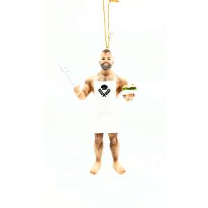 Poke The Bear: Chef Daddy Bear függődísz, kézzel festett karácsonyi dekoráció, amely egy izmos medvét ábrázol szakácskötényben, burgerrel és spatulával. - Figura