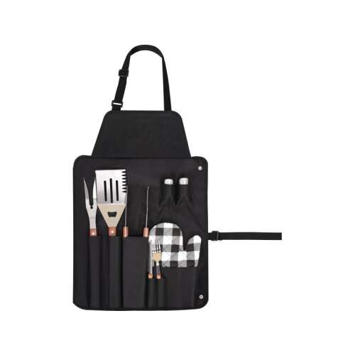 Fekete grill kötény 8 részes grill szettel, beleértve a spatulát, a csipeszt, a villát, a kést és még sok mást - Grillezés és kültéri főzés