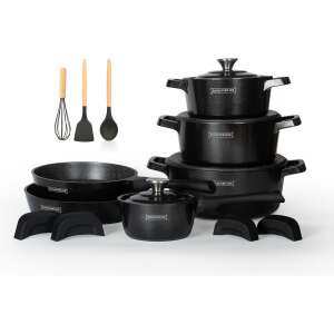 Royalty Line Premium RL-OS1014M Set oale și tigaie, 14 cm, fontă, finisaj marmură, inducție, negru