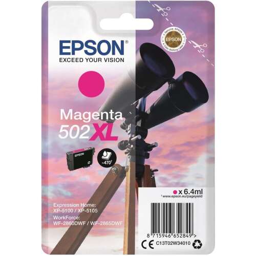 Epson T02W3 Magenta 502XL Ink Cartridge, 6.4ml, C13T02W34010