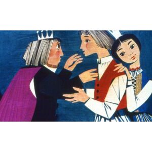 Ilustrație din diafilmul 'Păstorul cu ochi de stea' de Gunda Antal, cu regele și alte personaje. - Filme diapozitive