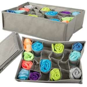 Grey drawer organizer with 24 compartments, filled with colorful socks and underwear - Closet organizer