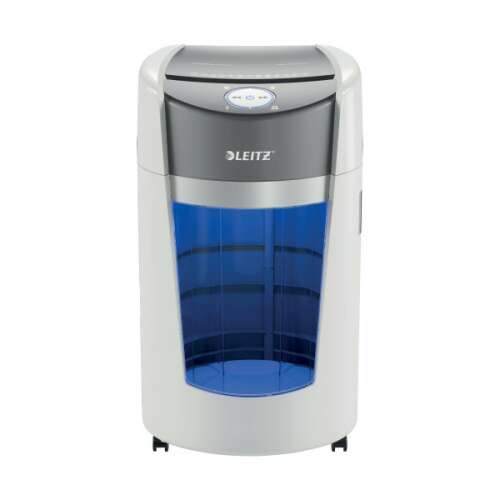 Distrugător de documente Leitz IQ OptiMax Office P5, alb, cu coș iluminat cu albastru, vedere din față