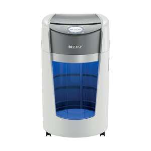 Leitz IQ OptiMax Büro-Schredder, weiß, mit blau beleuchtetem Behälter, Frontansicht - Aktenvernichter