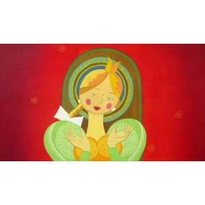 Ilustrație din diafilmul 'A só' de Petrolay Margit, care prezintă o tânără cu părul blond și o rochie verde - Filme diapozitive