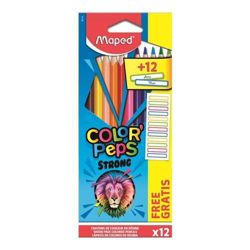 MAPED Színes ceruza készlet, háromszögletű, MAPED, "Color`Peps Strong" 12 különböző szín + 12 ajándék matrica