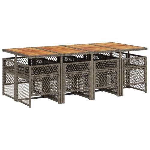 vidaXL 9 részes szürke polyrattan kerti étkezőgarnitúra párnával, kerti bútor, terasz bútor, udvari bútor, étkezőasztal, székek, párna, helytakarékos kialakítás - Kerti étkezőgarnitúra