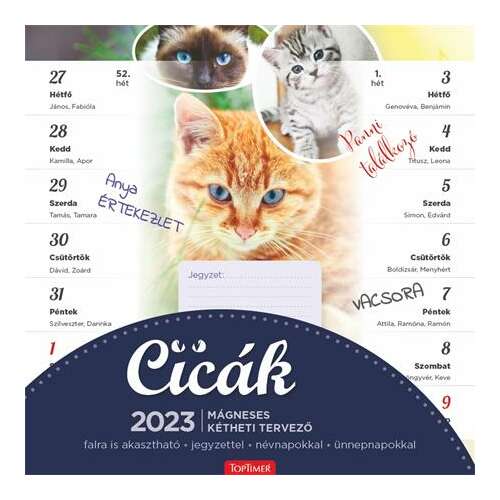 TOPTIMER 2023 Mágneses heti tervező fali naptár cicákkal