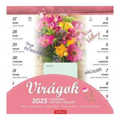 TOPTIMER 2023 Calendar Magnetic de Perete Săptămânal cu Flori, 27 pagini detașabile, nume maghiare, design floral