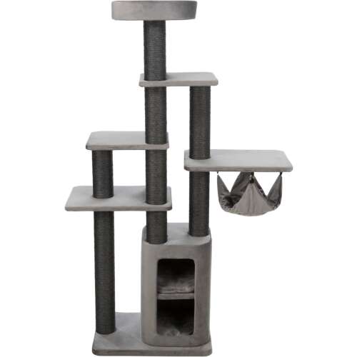 Szürke macskafa szizál karcoló oszlopokkal, több platformmal, egy függőágygal és egy kényelmes barlanggal, tökéletes a macskák számára a mászáshoz, játékhoz és pihenéshez