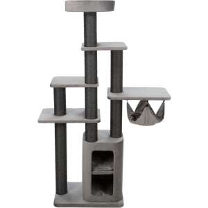 Gray cat tree with sisal scratching posts, multiple platforms, a hammock, and a cozy cave, perfect for cats to climb, play, and relax - Cat Bed