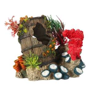 Aquarium decoration, sunken barrel with coral and plants, 15.3x11.6x13.7 cm - Aquarium Decoration