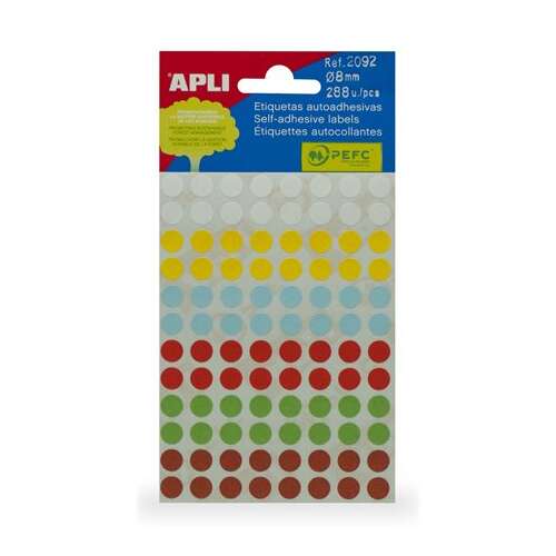 APLI-Etikett, 8 mm, rund, handgeschrieben, Farbe, APLI, gemischte Farben, 288 Etiketten pro Packung