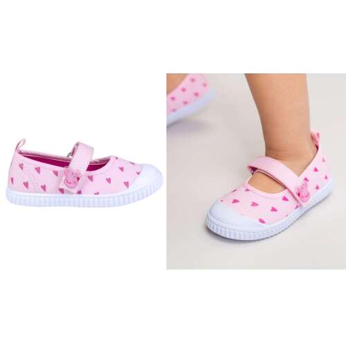 Różowe buty z płótna Peppa Pig z serduszkami i zapięciem na rzep, widok z boku