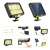 Solar powered motion sensor LED floodlight with 120 COB LEDs, 30W, 5m cable, IP65 waterproof, showing installation details