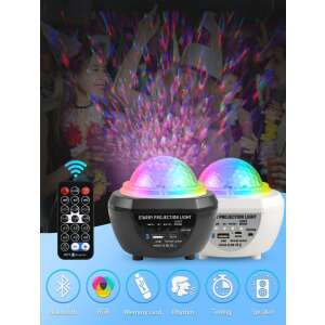 Starry projection light with bluetooth speaker, black and white, with remote control, USB charging, memory card slot, rhythm mode, timing function, LED light modes - Decorative Lamp