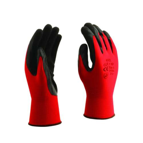 Pereche de mănuși de lucru roșii cu palme acoperite cu latex negru, pentru aderență și protecție