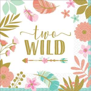 16er Pack 33x33 cm Happy Birthday Two Wild Servietten mit Boho-Blumen- und Federdesign - Servietten