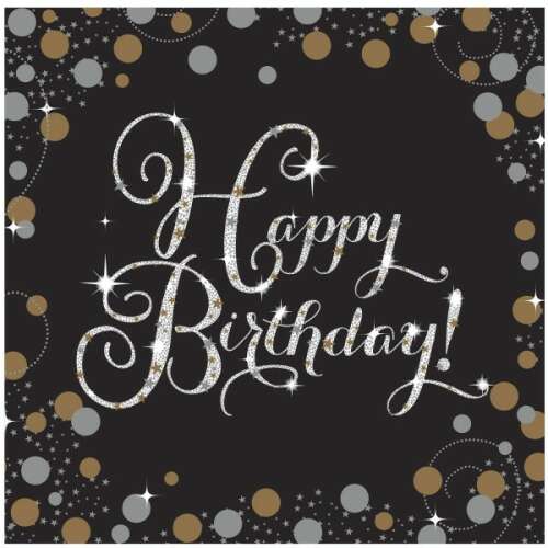 Happy Birthday napkins, 16 pack, 33x33 cm, black with gold and silver glitter design