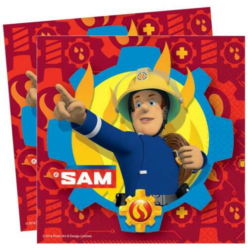 Servítky Fireman Sam, 20 kusov, 33x33 cm, s Firemanom Samom na červenom pozadí s ozubenými kolesami a plameňmi