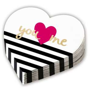 Servetele Love Everyday în formă de inimă, pachet de 12, 32 cm, dungi alb-negru cu inimă roz și text auriu 'you me' - Șervețele