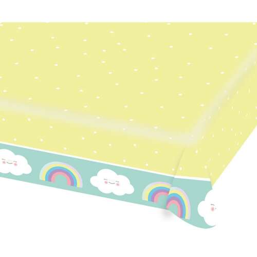 Rainbow and Cloud paper tablecloth, 175x115 cm, yellow with white dots and rainbow and cloud border