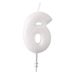 White glitter number 6 birthday candle - Party Supply