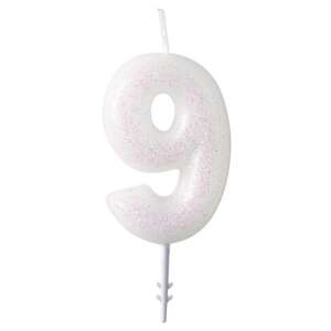 White glitter number 9 birthday candle - Birthday Candle & Cake Topper