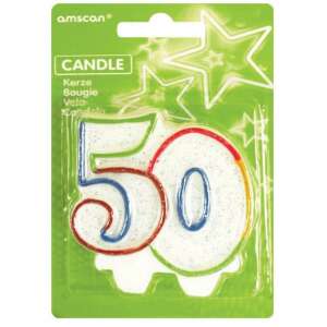 Amscan 50th birthday candle, white with glitter, red, blue and yellow outline - Birthday Candle & Cake Topper