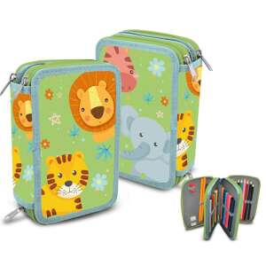 Jungle Animals Pencil Case with 3 compartments, filled with pencils, pens, and other stationery - Pencil Case