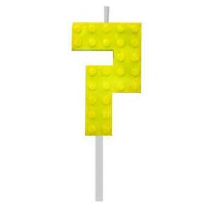 Yellow number 7 birthday candle, shaped like building blocks - Party Supply