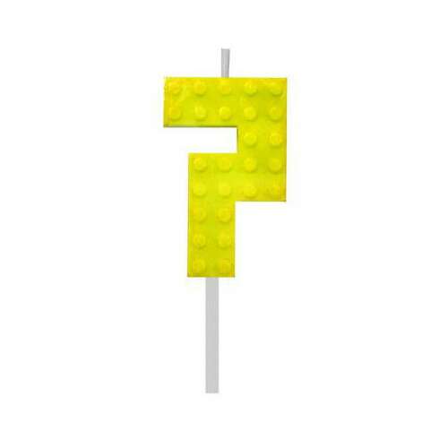 Yellow number 7 birthday candle, shaped like building blocks