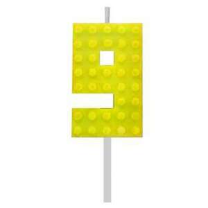 Yellow number 9 birthday candle, shaped like a building block - Birthday Candle & Cake Topper