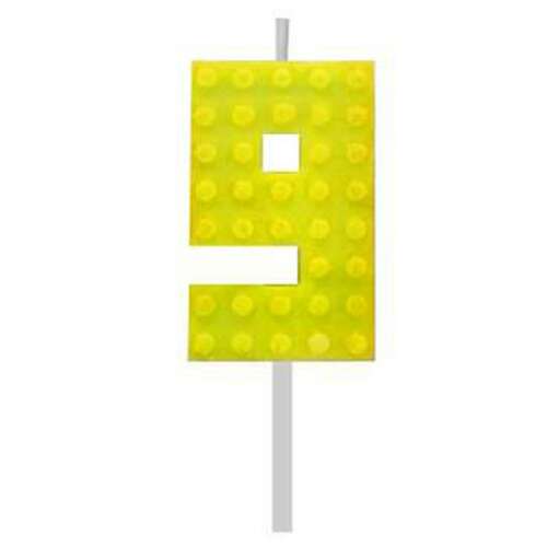 Yellow number 9 birthday candle, shaped like a building block