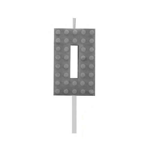 Grey number 0 birthday candle, shaped like a building block