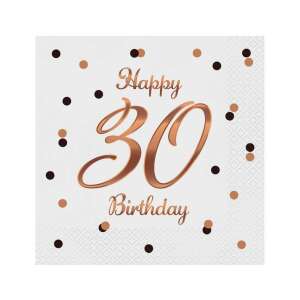 Happy 30th Birthday Napkins, 20 Pack, White, 33x33 cm, Rose Gold Foil - Napkin