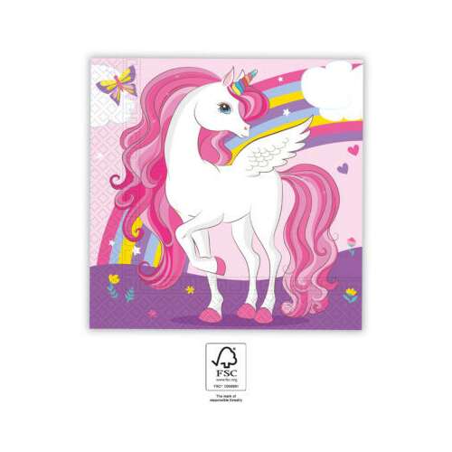 Servítky Unikornis Rainbow Colors, 20 kusov, 33x33 cm, certifikované FSC, s roztomilým jednorožcom s dúhou a krídlami