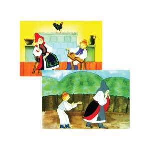 Colaj din două ilustrații din diafilmul "Fasolea fermecată": una care arată un tânăr care dă o fasole unei bătrâne, cealaltă care arată un tânăr care cântă la un instrument muzical, în timp ce o bătrână stă lângă șemineu - Filme diapozitive