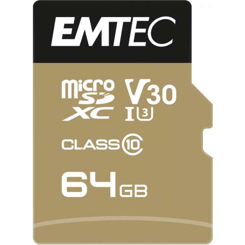 Card de memorie EMTEC 64GB microSDXC, UHS-I/U3/V30/A2, viteza de citire/scriere 100/95 MB/s, Clasa 10, Full HD, 4K Ultra HD, A1