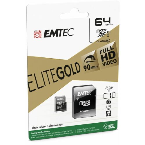 EMTEC Memory Card, microSDXC, 64GB, UHS-I/U1, 85/20 MB/s, adapter, EMTEC "Elite Gold" 138052458