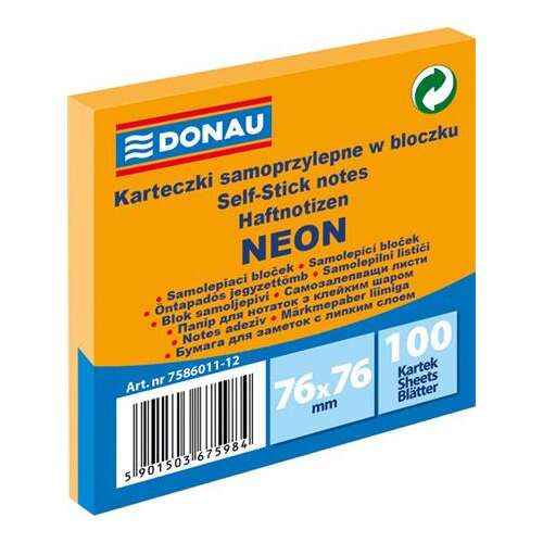 DONAU Neon Öntapadó jegyzettömb, 76x76 mm, 100 lap, sárga