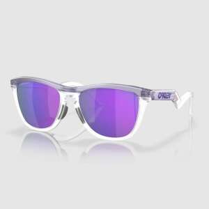 Oakley Frogskins Hybrid sunglasses, angled view, clear frame with purple lenses - Men's Sunglass