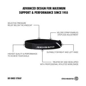 Rehband UD Knee Strap, suport negru pentru genunchi cu bandă cu scai, potrivit pentru genunchiul drept și stâng - Fixarea articulațiilor