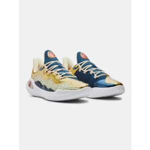 Under Armour Curry 11 Champion Mindset basketball shoes, angled view, gold and blue color - For man